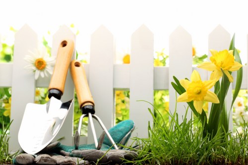 Safe garden work area with tidy tools and clear access